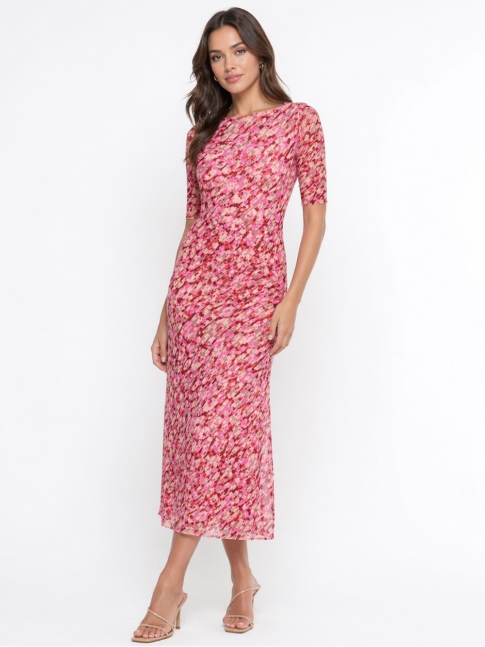 Johnny Was Jade Mesh Midi Dress Pink Floral Stretch Sheer Overlay Size Small - Picture 1 of 8